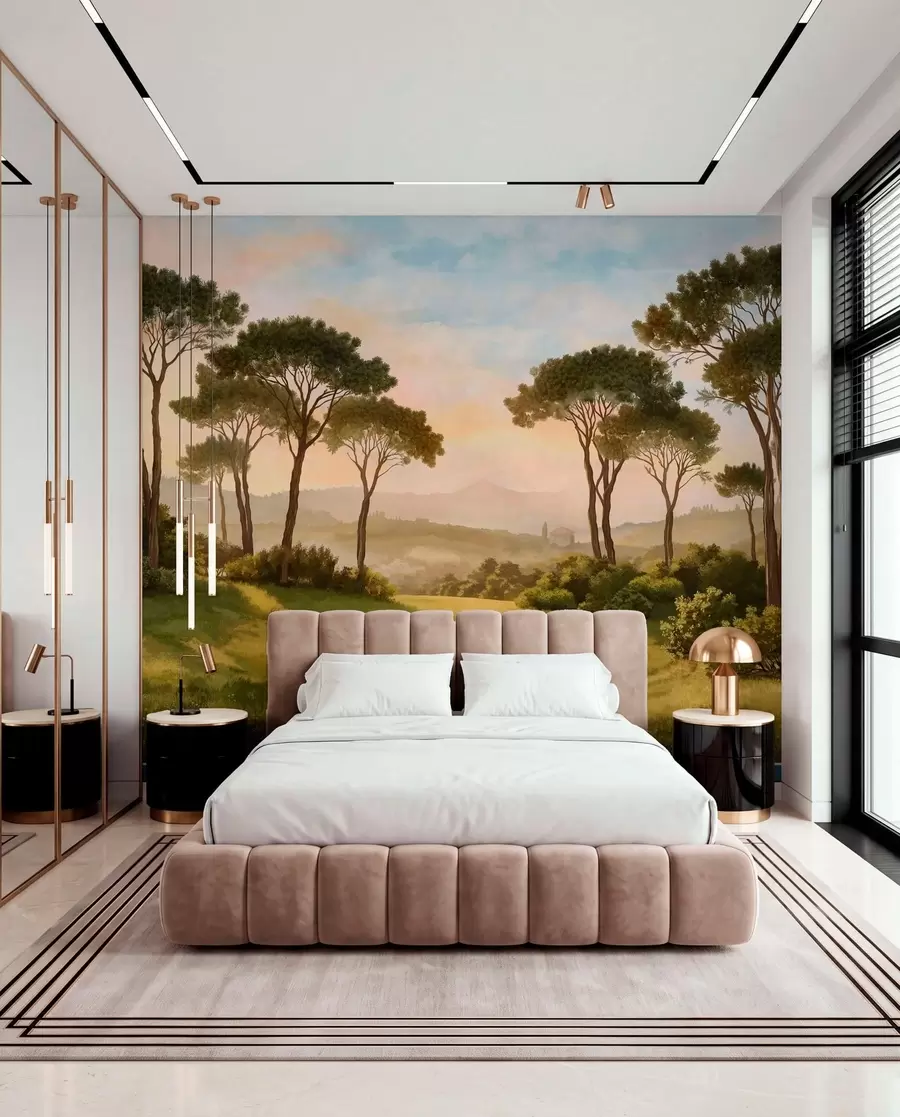 wall murals Пејзаж са дрвећем у топлој светлости заласка сунца w05122