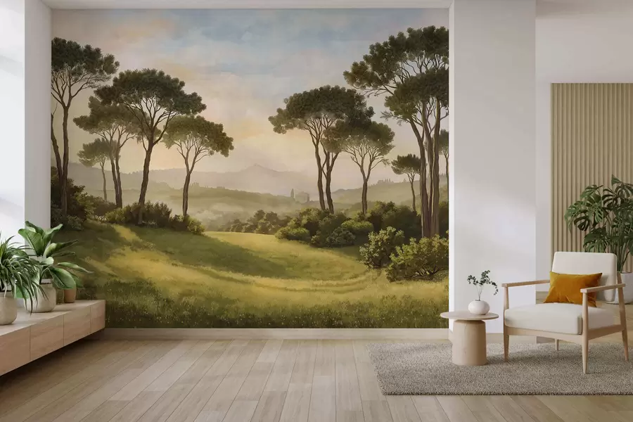 wall murals Пејзаж са дрвећем у топлој светлости заласка сунца w05122