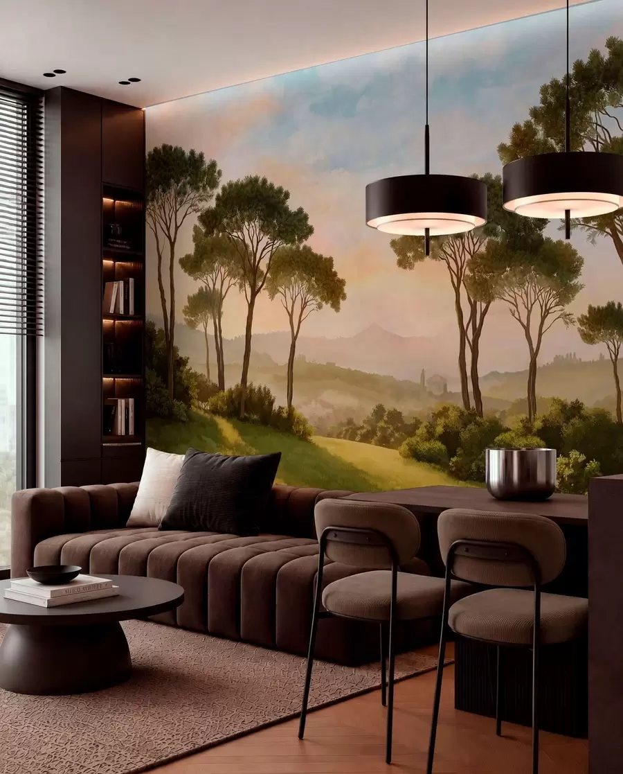 wall murals Пејзаж са дрвећем у топлој светлости заласка сунца w05122