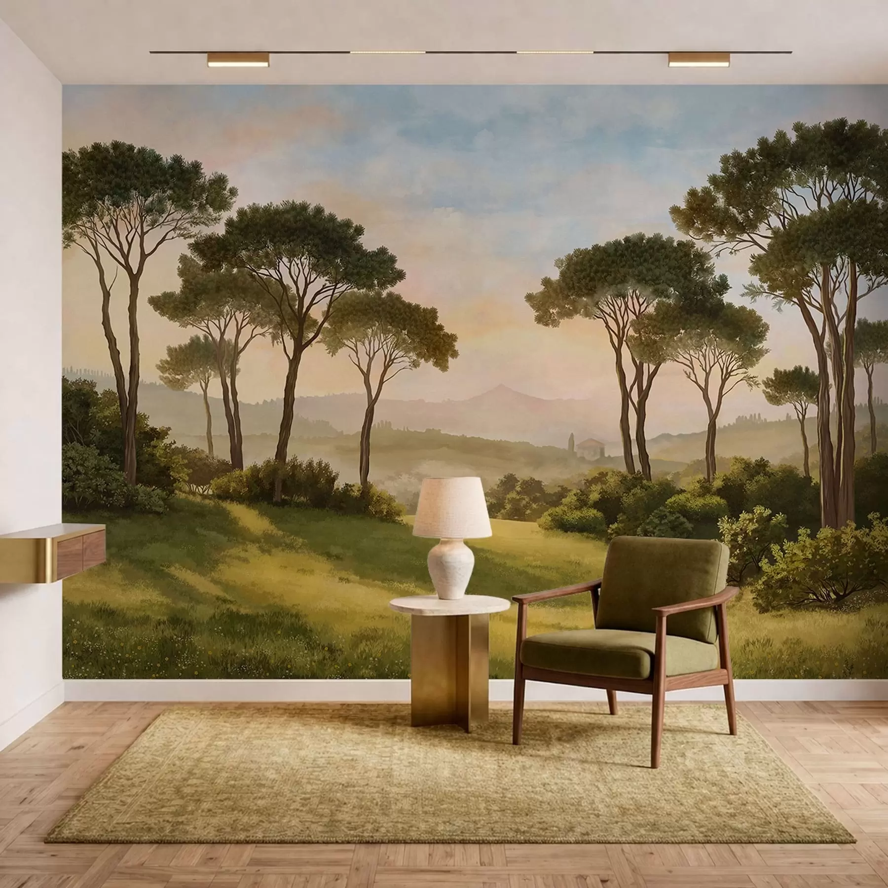 wall murals Пејзаж са дрвећем у топлој светлости заласка сунца w05122