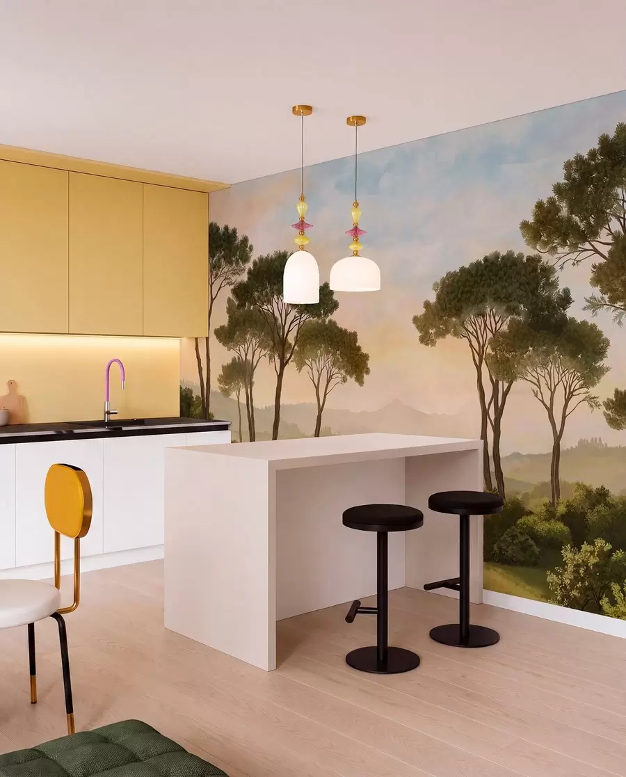 wall murals Пејзаж са дрвећем у топлој светлости заласка сунца w05122