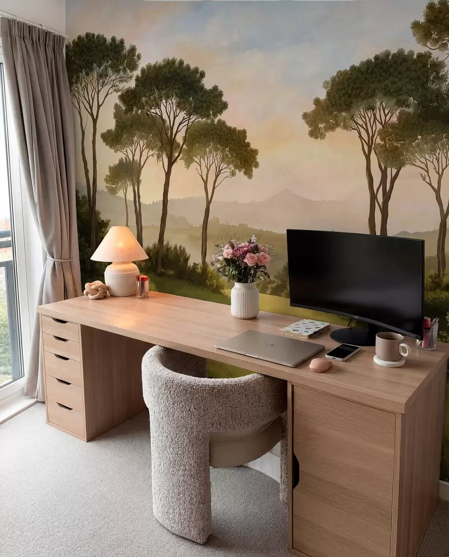 wall murals Пејзаж са дрвећем у топлој светлости заласка сунца w05122