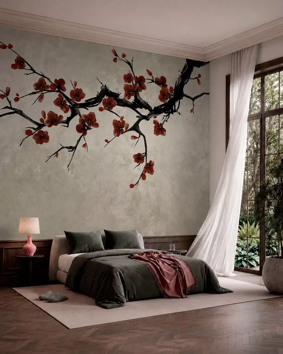 wall murals Грана са тамноцрвеним цветовима на неутралној позадини w05425v1