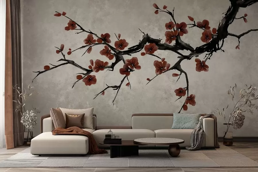 wall murals Грана са тамноцрвеним цветовима на неутралној позадини w05425v1