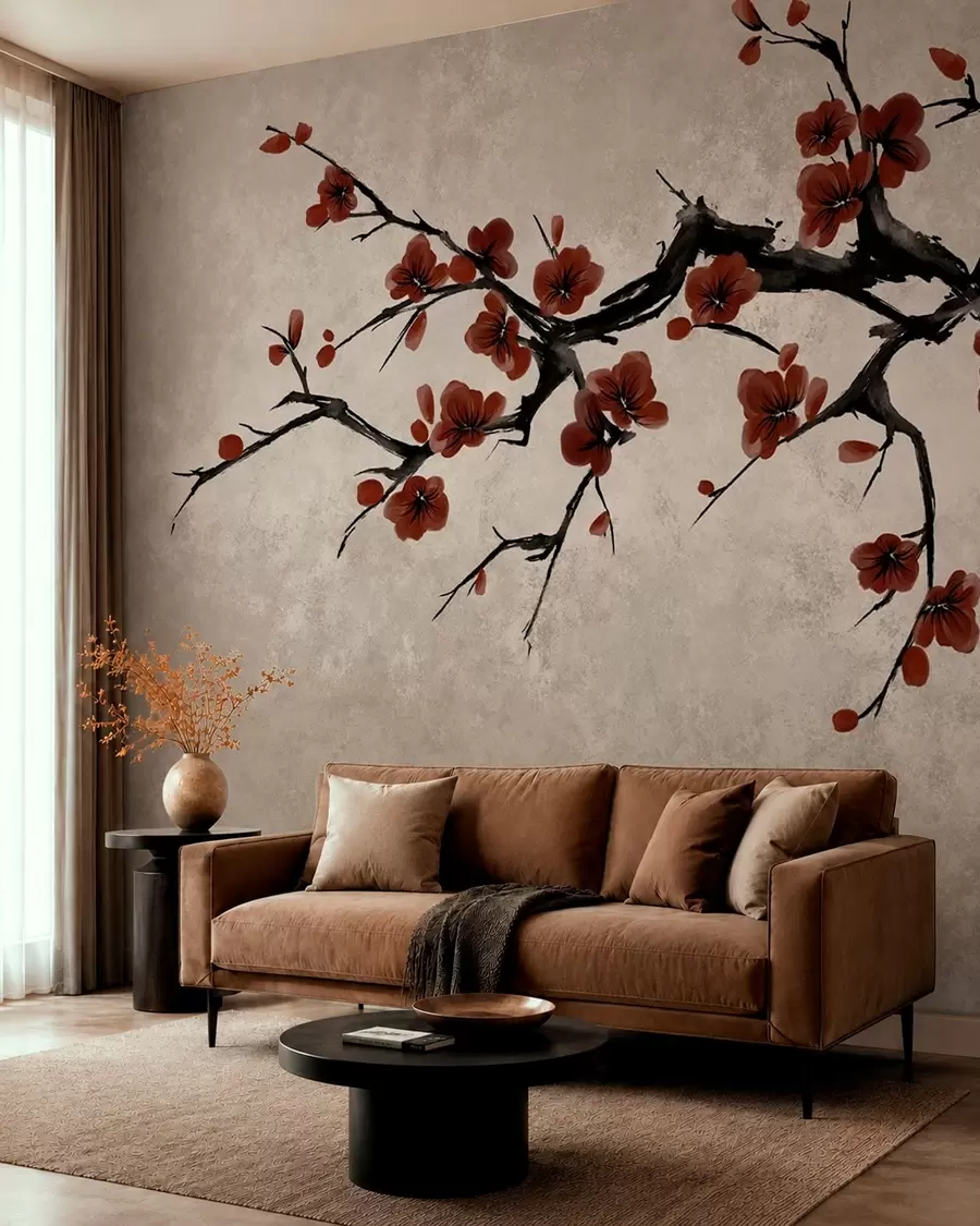 wall murals Грана са тамноцрвеним цветовима на неутралној позадини w05425v1