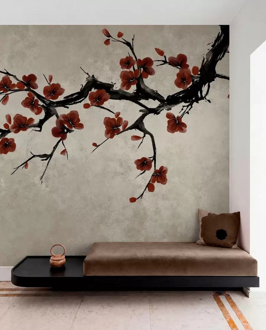 wall murals Грана са тамноцрвеним цветовима на неутралној позадини w05425v1