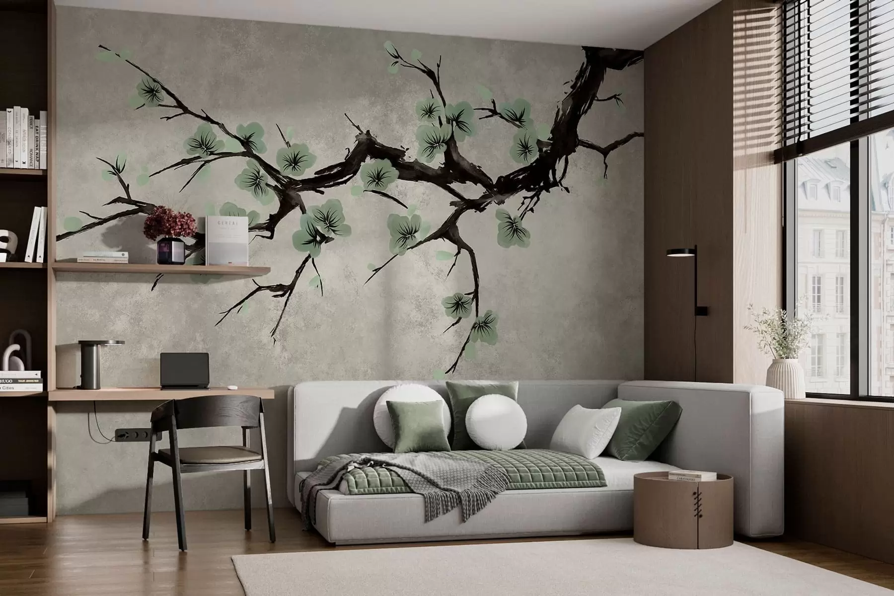 wall murals Грана са зеленим цветовима у мирним тоновима w05425v2