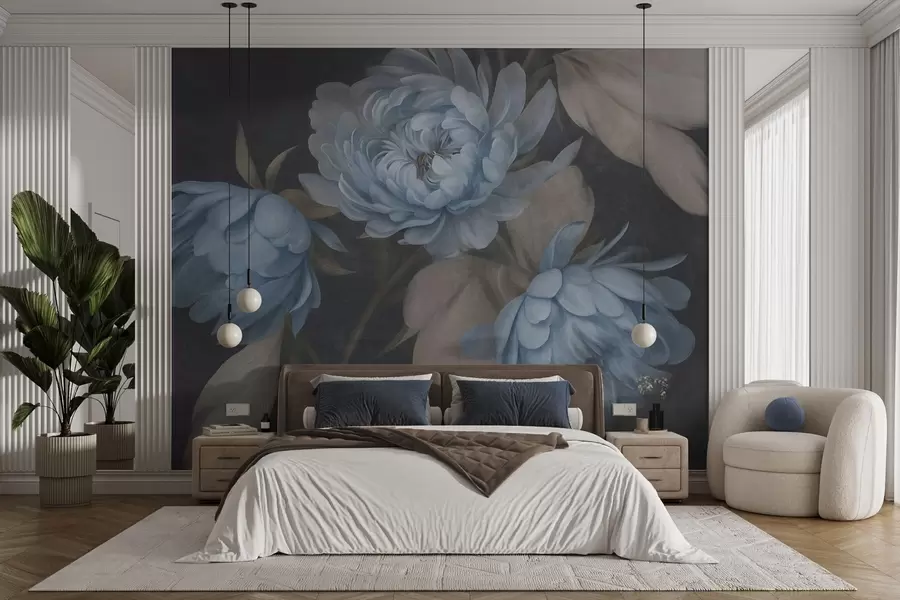 wall murals Текстурирани светлоплави цветови божура са беж листовима на тамној позадини w09751