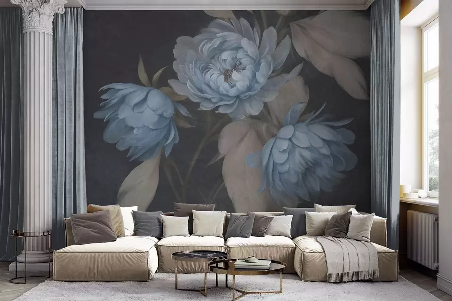 wall murals Текстурирани светлоплави цветови божура са беж листовима на тамној позадини w09751