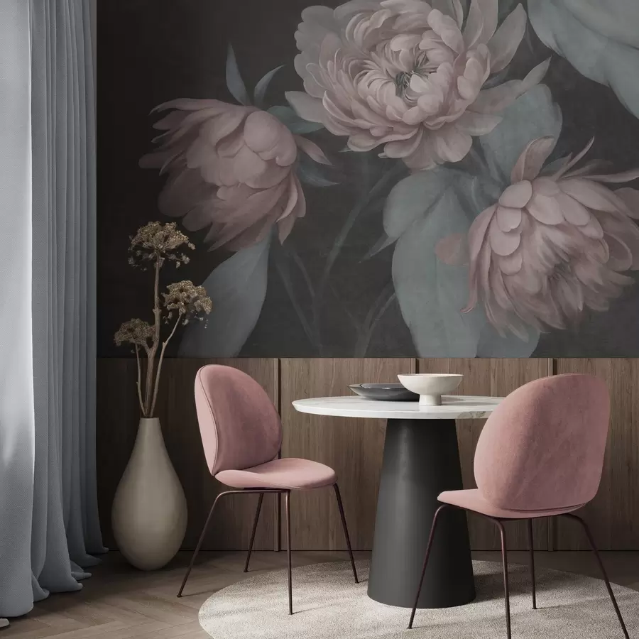 wall murals Текстурирани светло ружичасти цветови божура са пригушеним зеленим листовима на тамној позадини w09751v1