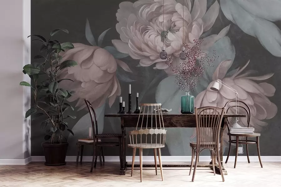 wall murals Текстурирани светло ружичасти цветови божура са пригушеним зеленим листовима на тамној позадини w09751v1