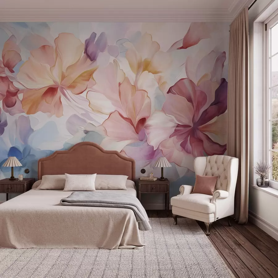 wall murals Апстрактни фантастични цветови у нијансама ружичасте, брескве и лаванде у стилу сликања, текстурирана уметност w09767
