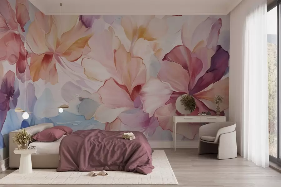 wall murals Апстрактни фантастични цветови у нијансама ружичасте, брескве и лаванде у стилу сликања, текстурирана уметност w09767