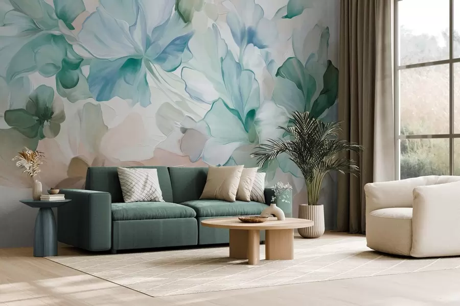 wall murals Апстрактни фантастични цветови у нијансама зелене, плаве и беж у стилу сликања, текстурирана уметност w09767v1