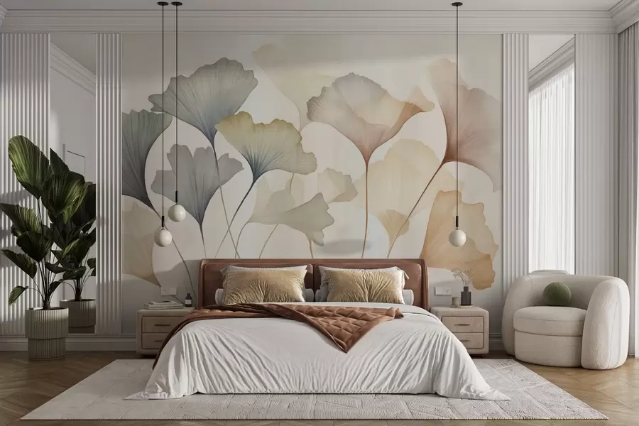 wall murals Апстрактни листови гинка у пригушеним пастелним бојама попут плаве, зелене и брескве, текстурирана уметност w09810