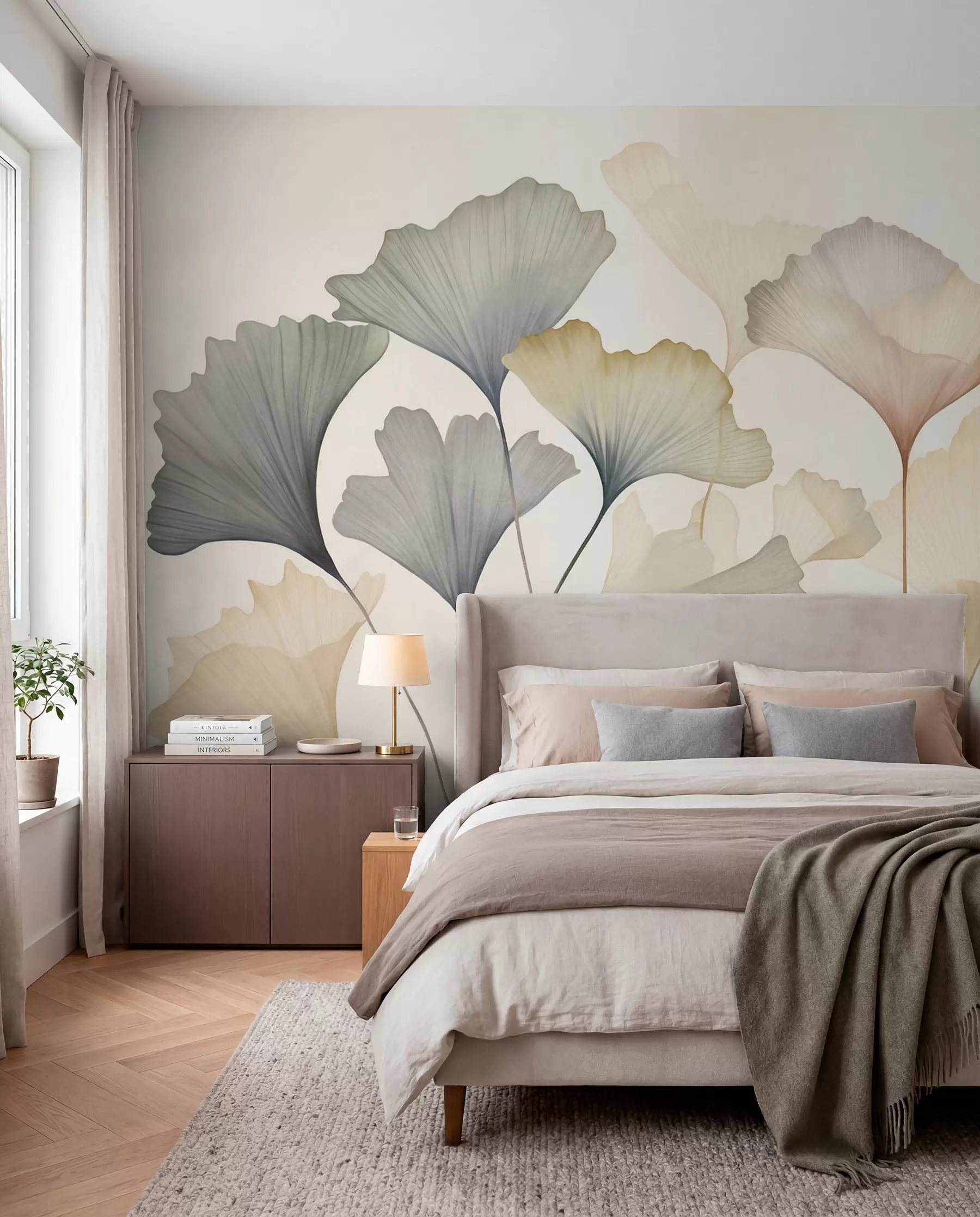 wall murals Апстрактни листови гинка у пригушеним пастелним бојама попут плаве, зелене и брескве, текстурирана уметност w09810