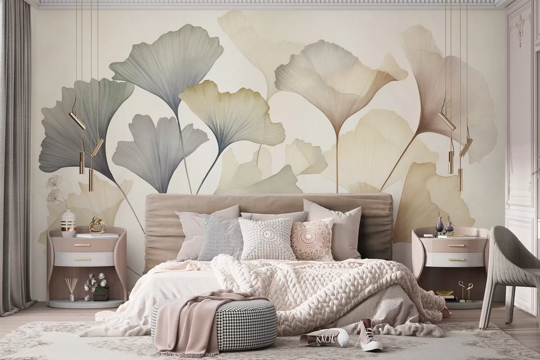 wall murals Апстрактни листови гинка у пригушеним пастелним бојама попут плаве, зелене и брескве, текстурирана уметност w09810
