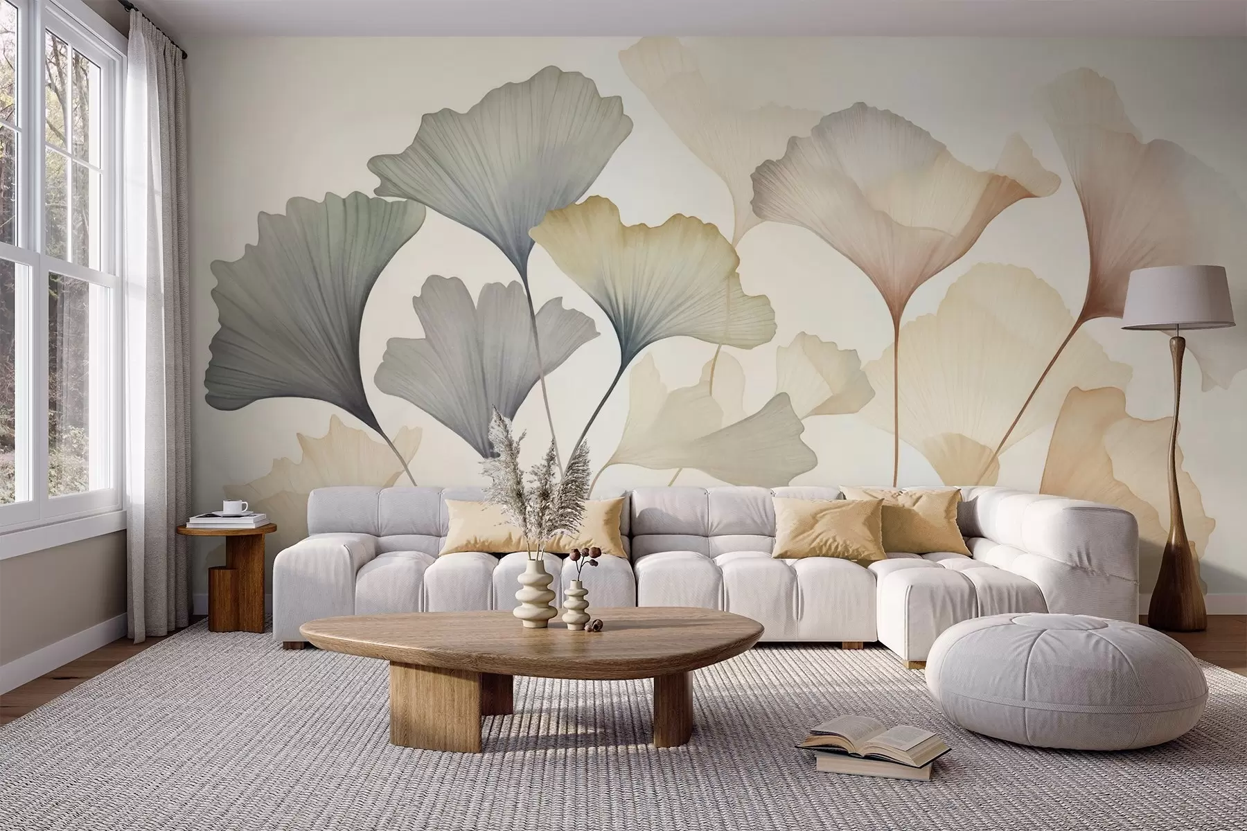 wall murals Апстрактни листови гинка у пригушеним пастелним бојама попут плаве, зелене и брескве, текстурирана уметност w09810