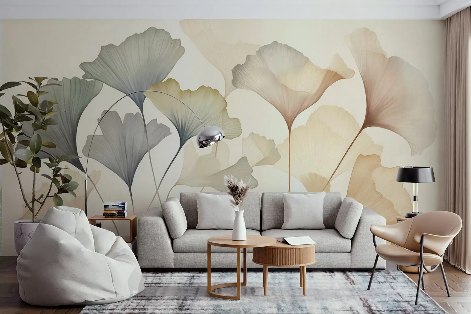 wall murals Апстрактни листови гинка у пригушеним пастелним бојама попут плаве, зелене и брескве, текстурирана уметност w09810