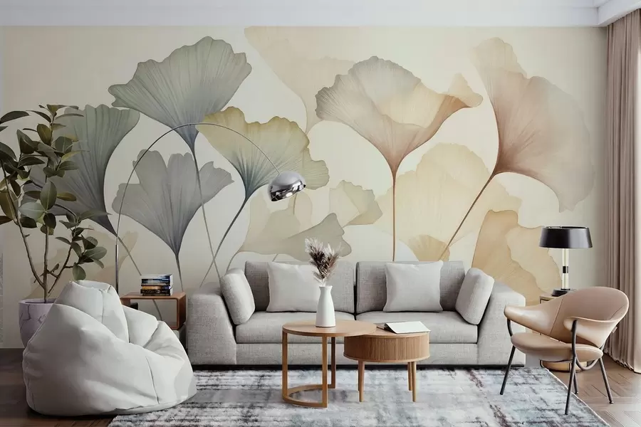 wall murals Апстрактни листови гинка у пригушеним пастелним бојама попут плаве, зелене и брескве, текстурирана уметност w09810