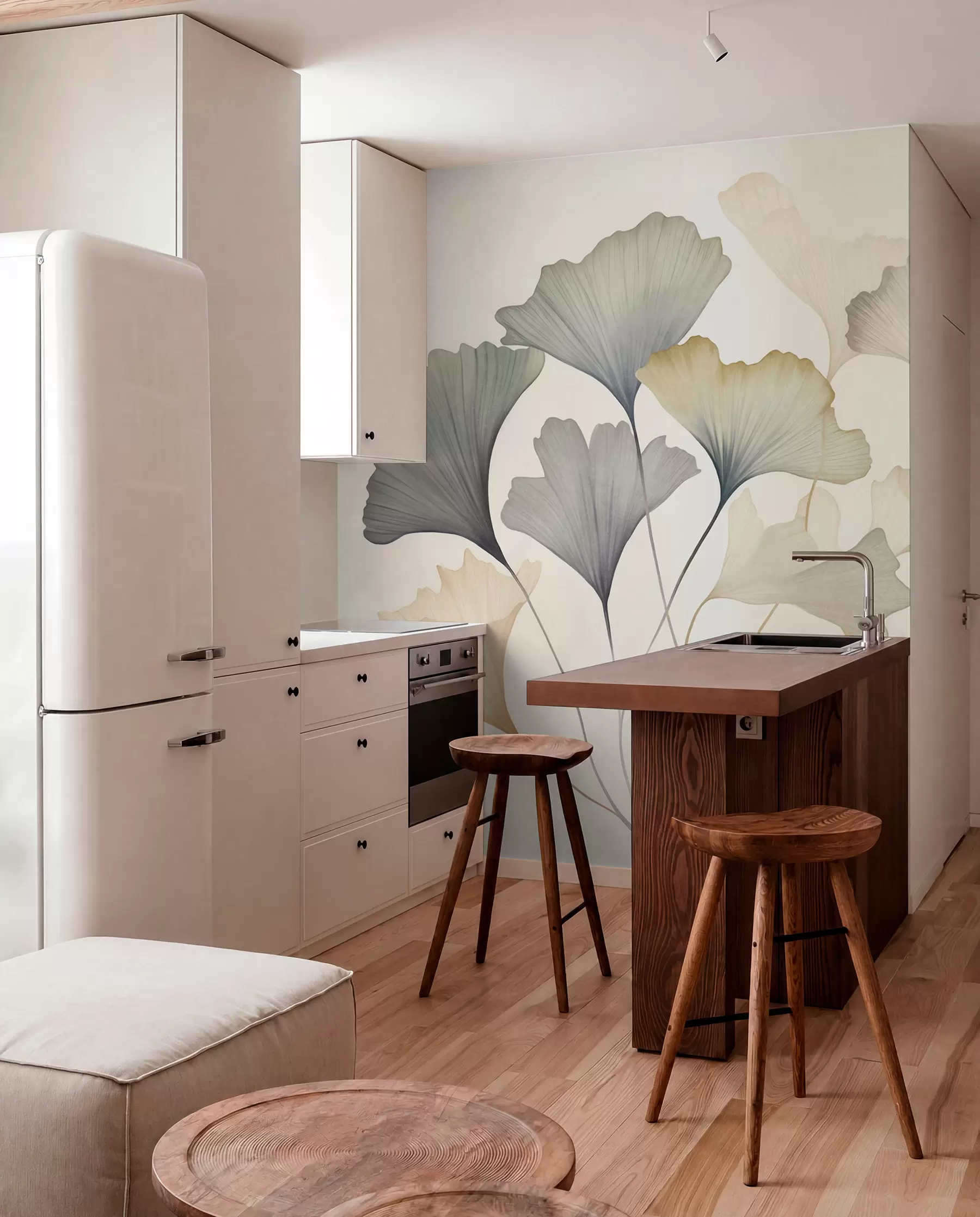 wall murals Апстрактни листови гинка у пригушеним пастелним бојама попут плаве, зелене и брескве, текстурирана уметност w09810