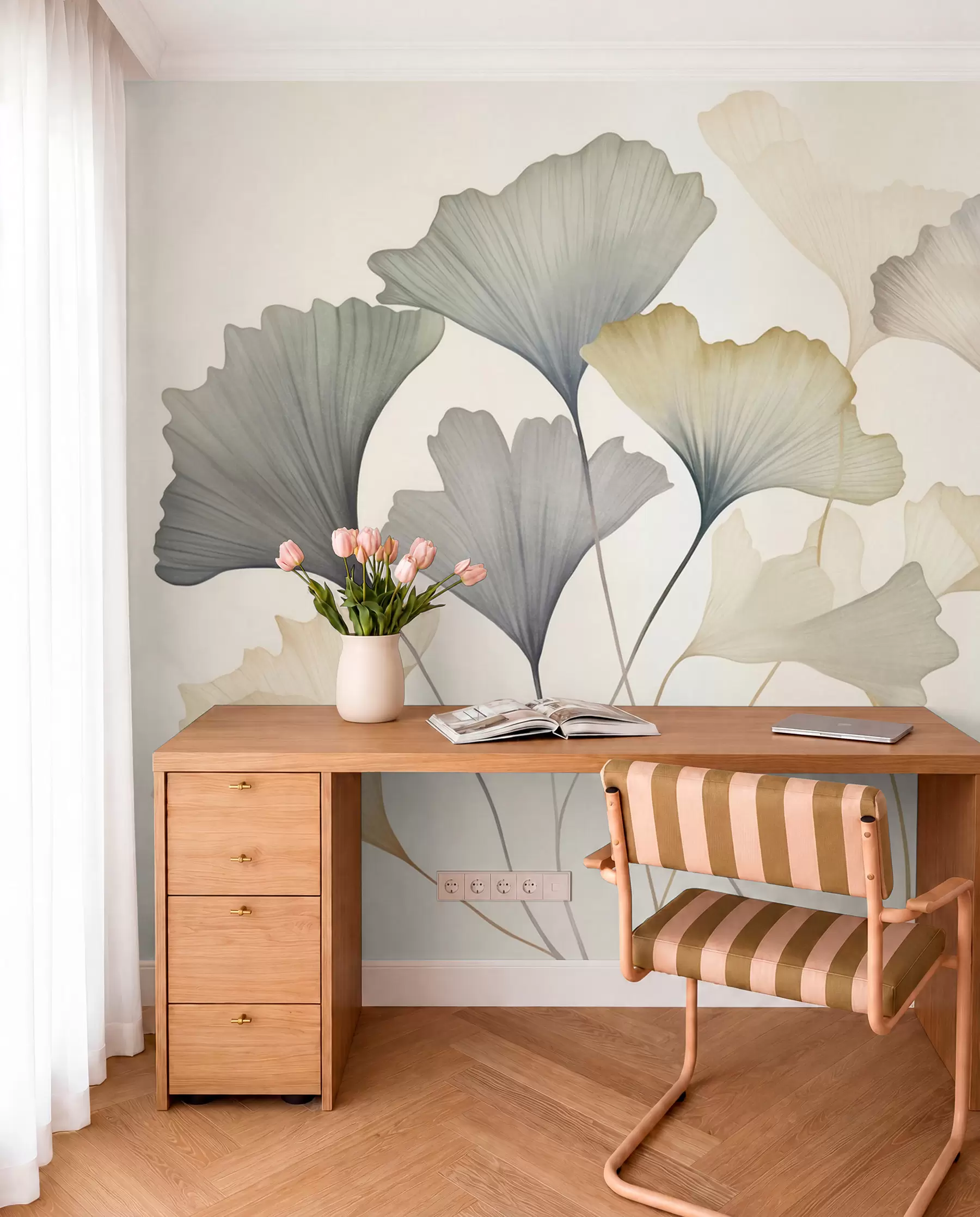 wall murals Апстрактни листови гинка у пригушеним пастелним бојама попут плаве, зелене и брескве, текстурирана уметност w09810