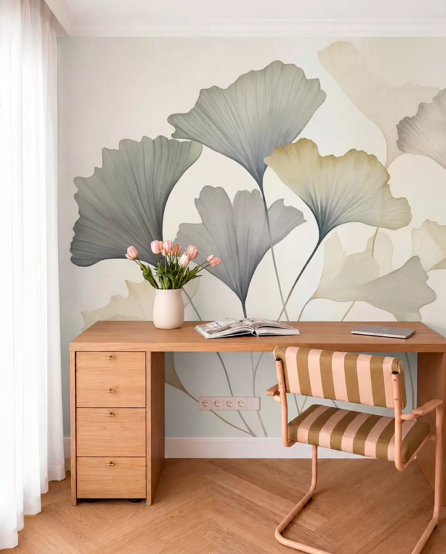 wall murals Апстрактни листови гинка у пригушеним пастелним бојама попут плаве, зелене и брескве, текстурирана уметност w09810