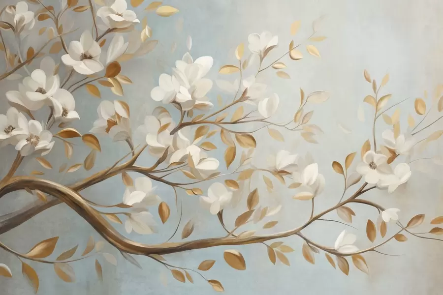 wall murals Текстурирана грана дрвета са белим цвећем и жутим листовима, винтаге стил w09814