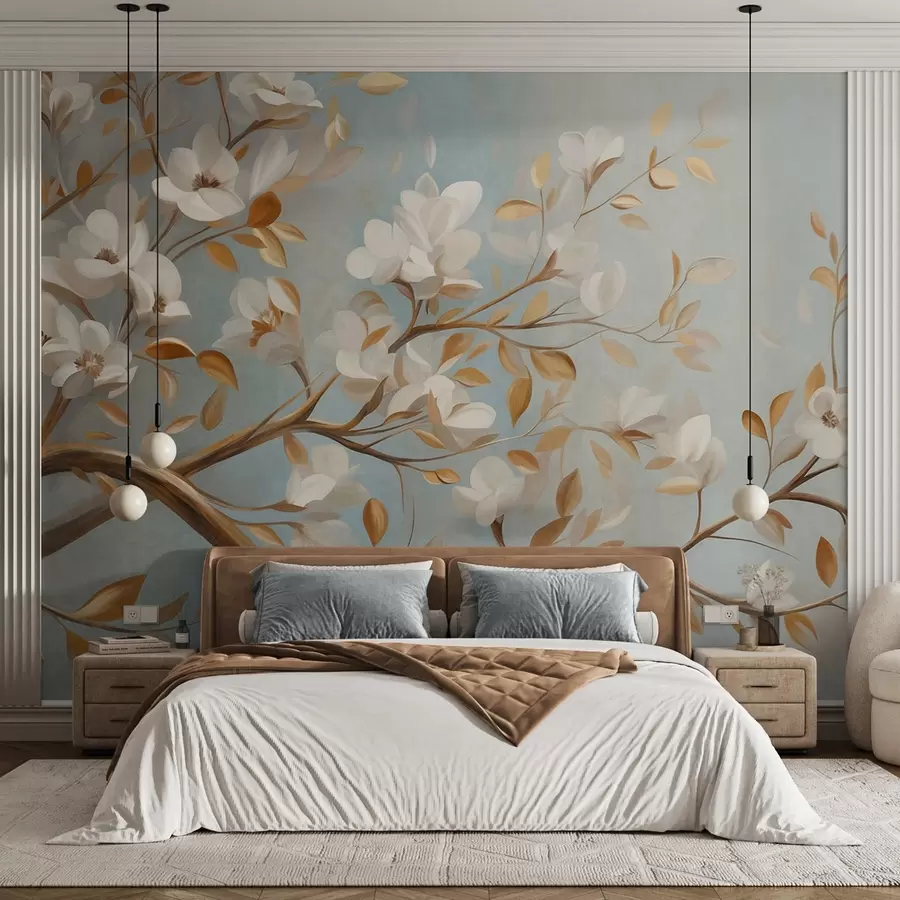 wall murals Текстурирана грана дрвета са белим цвећем и жутим листовима, винтаге стил w09814
