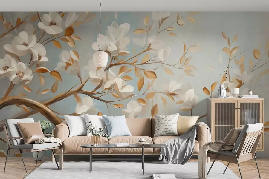 wall murals Текстурирана грана дрвета са белим цвећем и жутим листовима, винтаге стил w09814