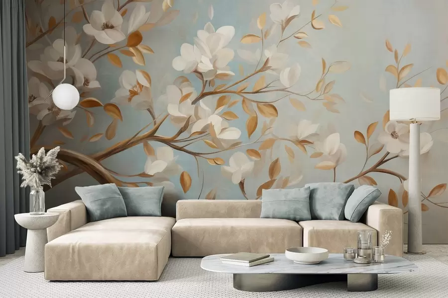 wall murals Текстурирана грана дрвета са белим цвећем и жутим листовима, винтаге стил w09814