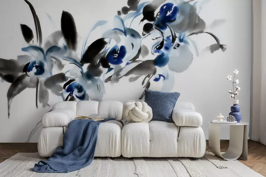 wall murals Легантско апстрактно цвеће у оријенталном акварел стилу са плавим и црним акцентима, орхидеје w09797