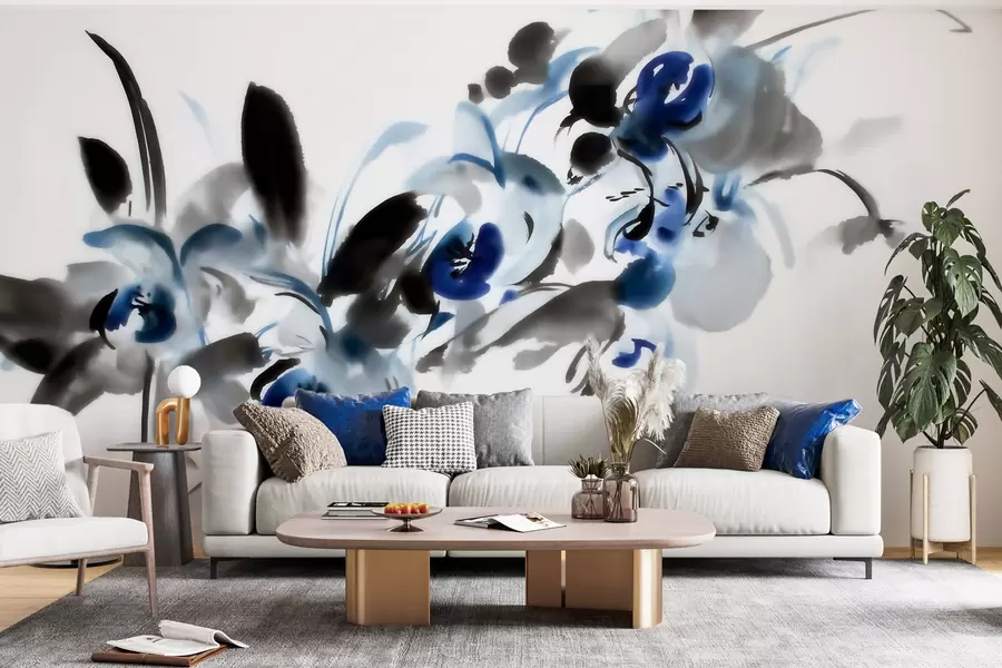 wall murals Легантско апстрактно цвеће у оријенталном акварел стилу са плавим и црним акцентима, орхидеје w09797