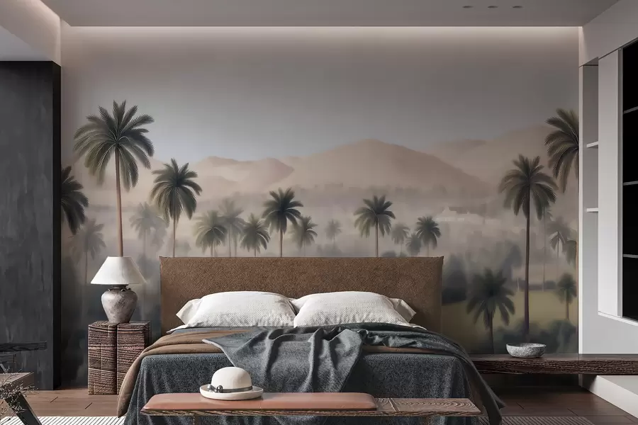 wall murals Тропски пејзаж са палмама и планинама, винтаге панорама у беж и зеленим тоновима w09798
