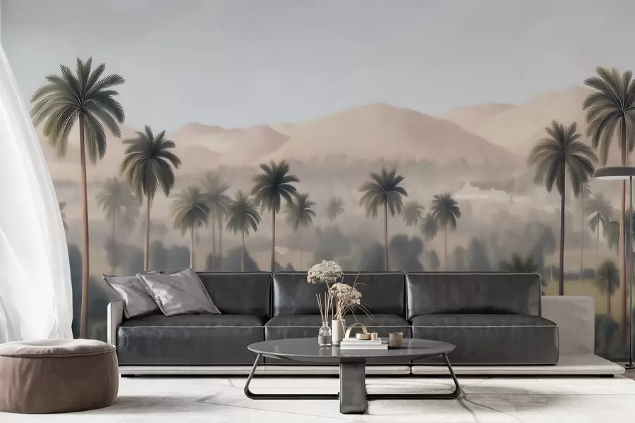 wall murals Тропски пејзаж са палмама и планинама, винтаге панорама у беж и зеленим тоновима w09798