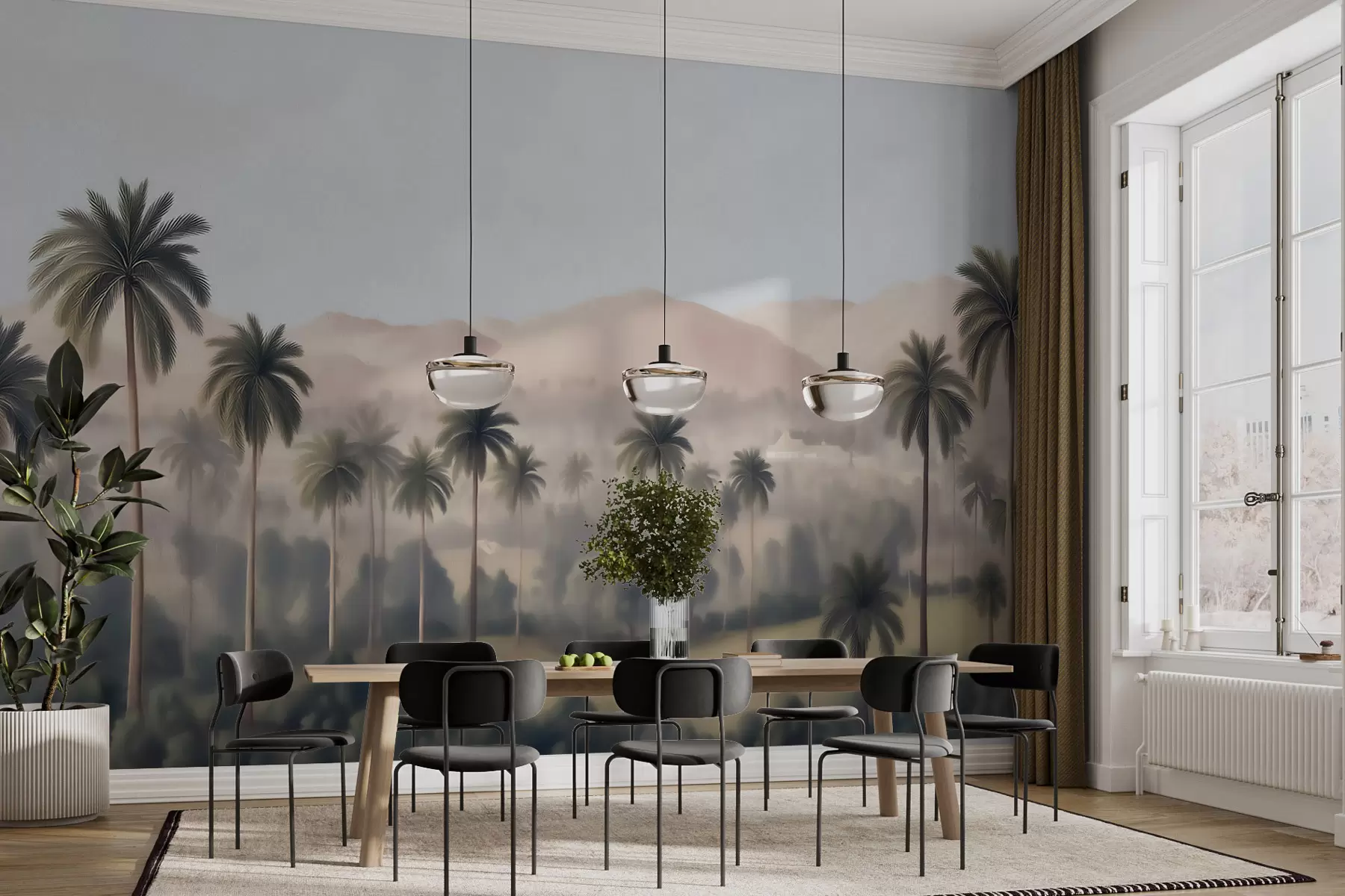 wall murals Тропски пејзаж са палмама и планинама, винтаге панорама у беж и зеленим тоновима w09798