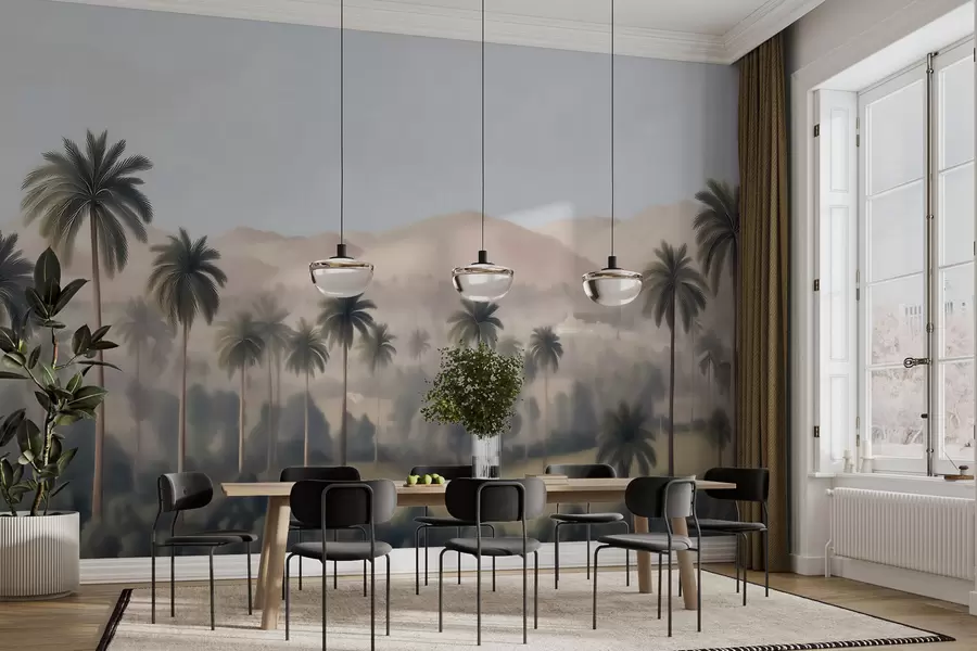 wall murals Тропски пејзаж са палмама и планинама, винтаге панорама у беж и зеленим тоновима w09798