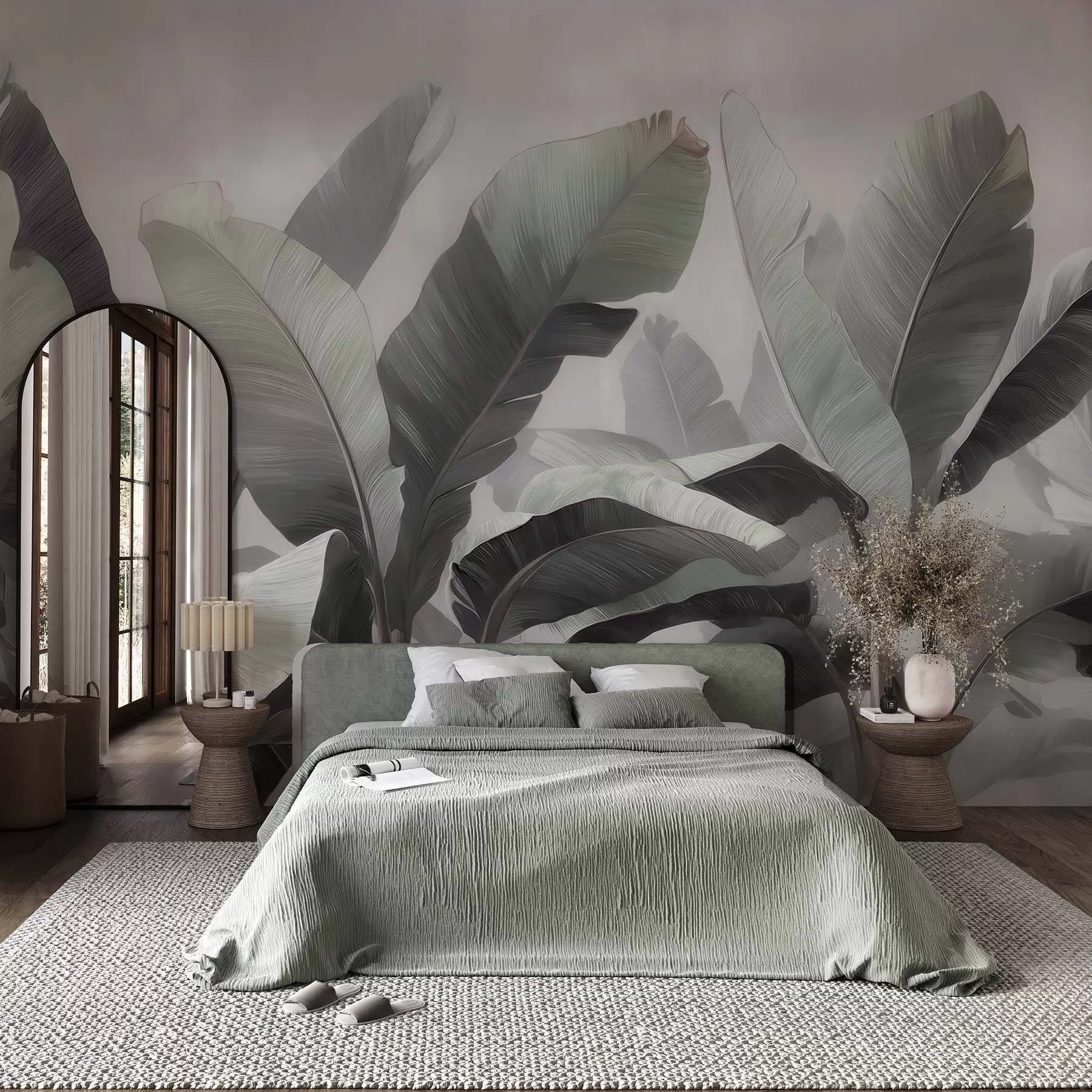 wall murals Апстрактни тропски велики листови банане у неутралној палети са меким сиво-зеленим тоновима w09805
