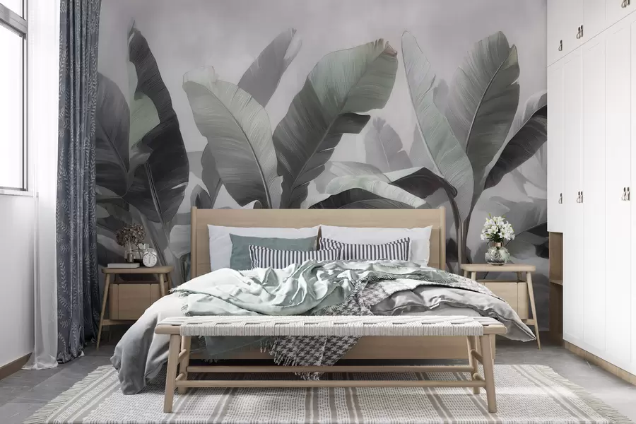 wall murals Апстрактни тропски велики листови банане у неутралној палети са меким сиво-зеленим тоновима w09805