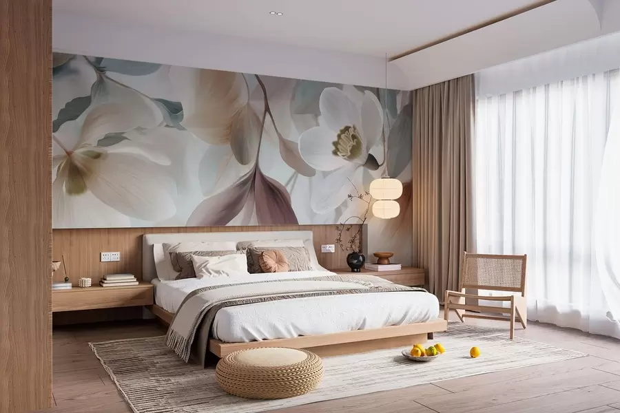 wall murals нежна композиција цвећа и лишћа у пастелним нијансама w05240