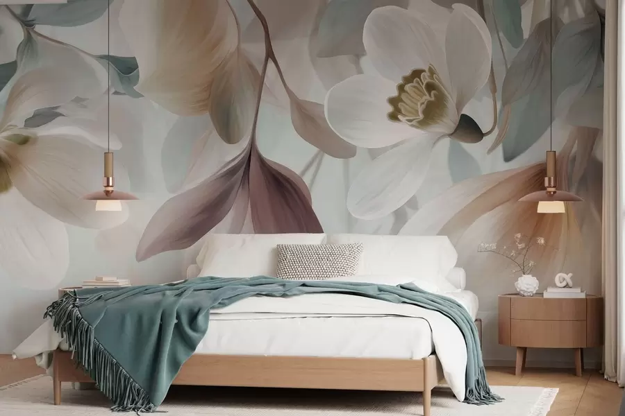 wall murals нежна композиција цвећа и лишћа у пастелним нијансама w05240