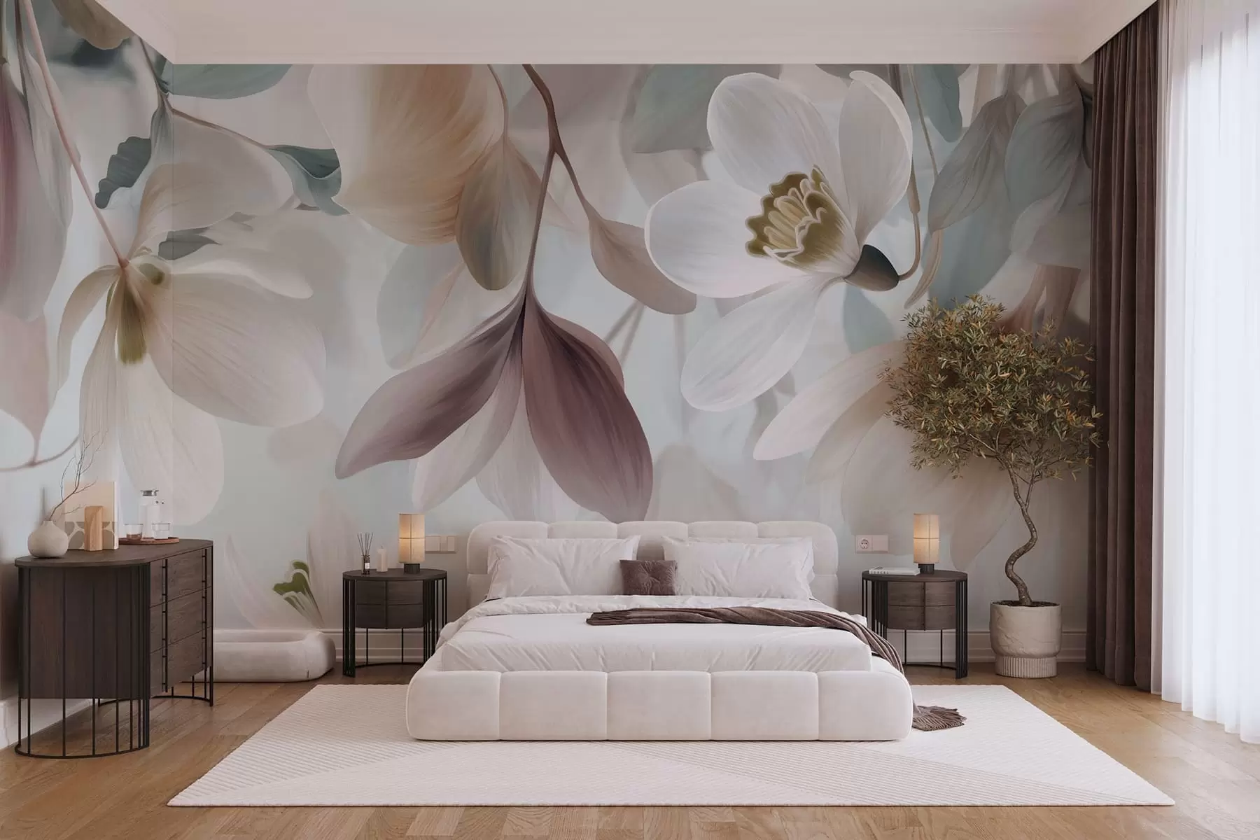 wall murals нежна композиција цвећа и лишћа у пастелним нијансама w05240