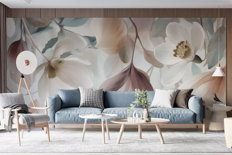 wall murals нежна композиција цвећа и лишћа у пастелним нијансама w05240