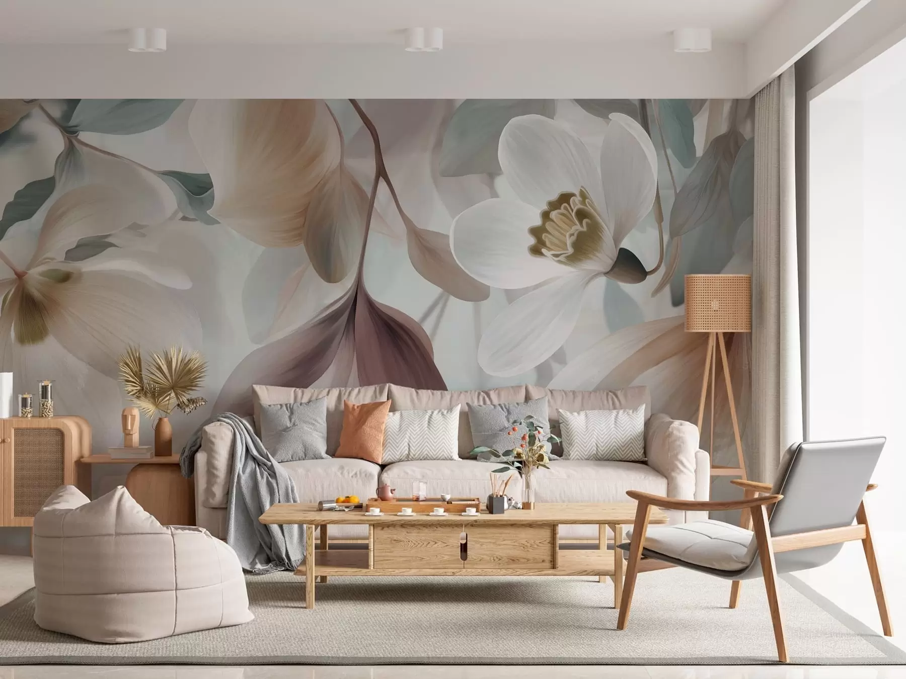 wall murals нежна композиција цвећа и лишћа у пастелним нијансама w05240