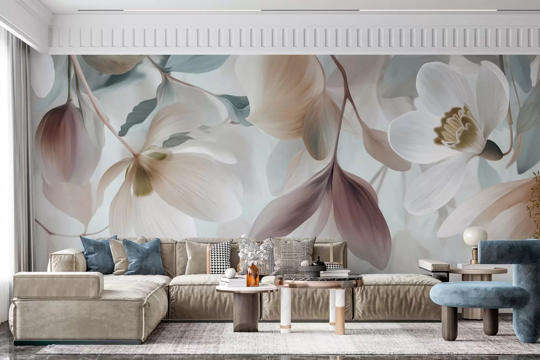wall murals нежна композиција цвећа и лишћа у пастелним нијансама w05240