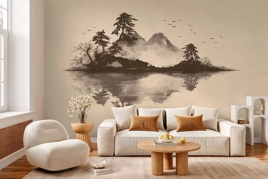 wall murals Планински пејзаж Суми-е са боровима и одразом w05124