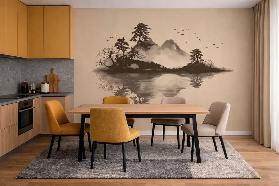 wall murals Планински пејзаж Суми-е са боровима и одразом w05124