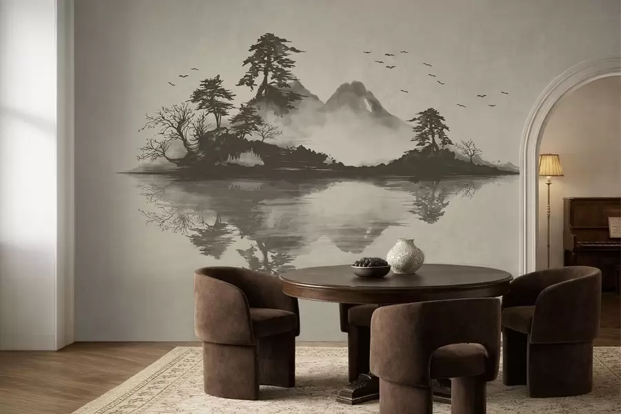 wall murals Планински пејзаж Суми-е у меким сивим тоновима w05124v1
