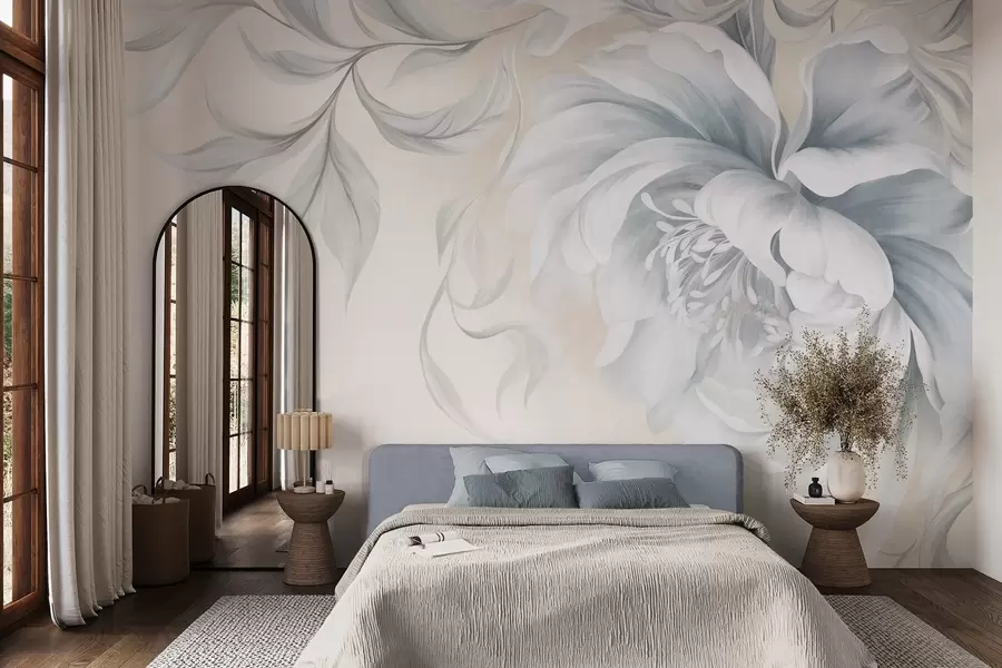 wall murals Велики, текстурирани божур са нежним латицама и сивим листовима, осликан у меком стилу w09647