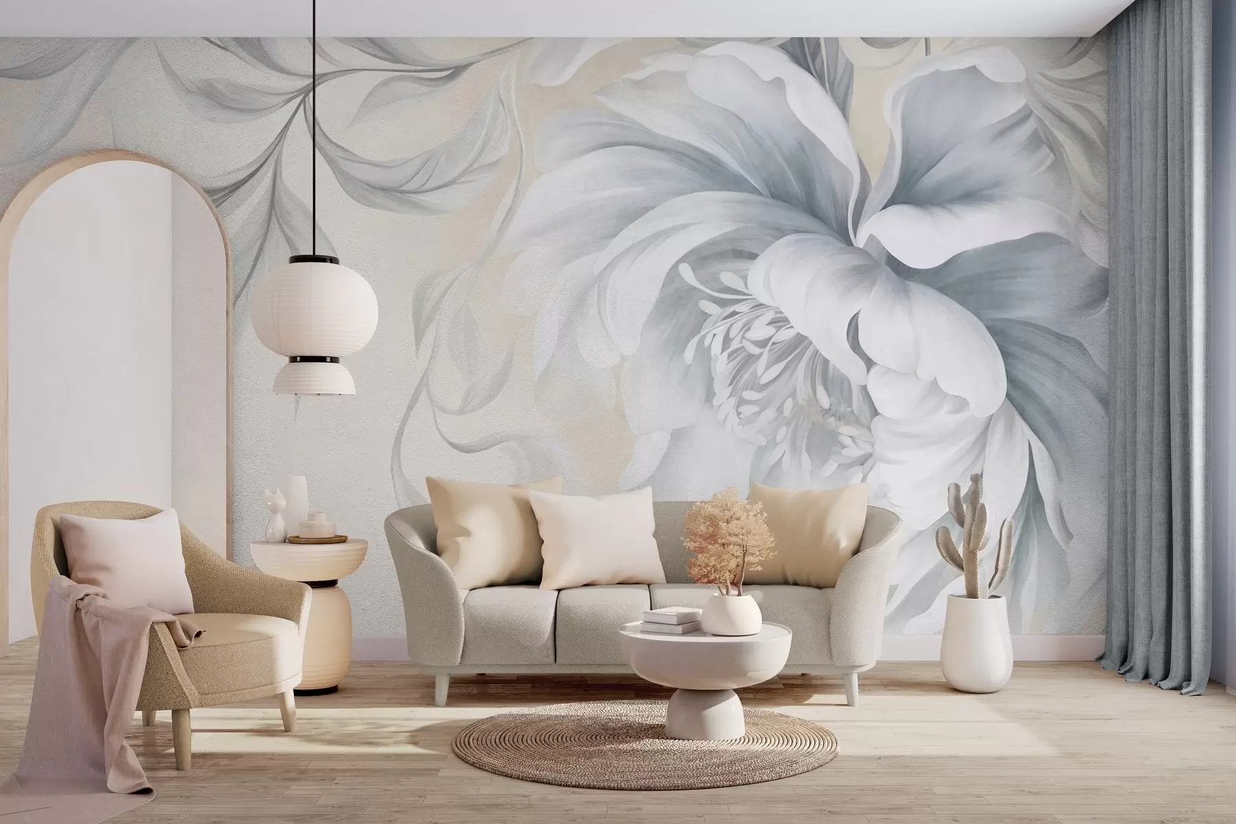 wall murals Велики, текстурирани божур са нежним латицама и сивим листовима, осликан у меком стилу w09647